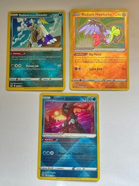 3 Pokemon Cards: Radiant Greninja, Radiant Hisuian Sneasler, Radiant Hawlucha